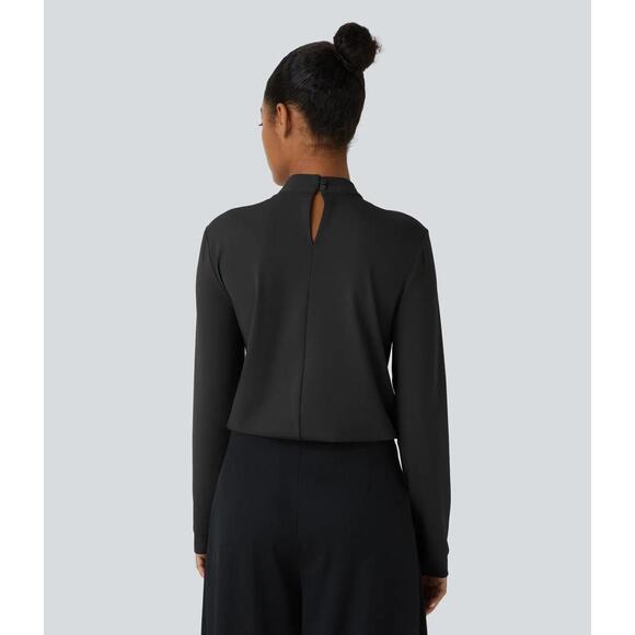 NWT Halara Stand Collar Back Long Sleeve Work Blouse Black M - Picture 3 of 13